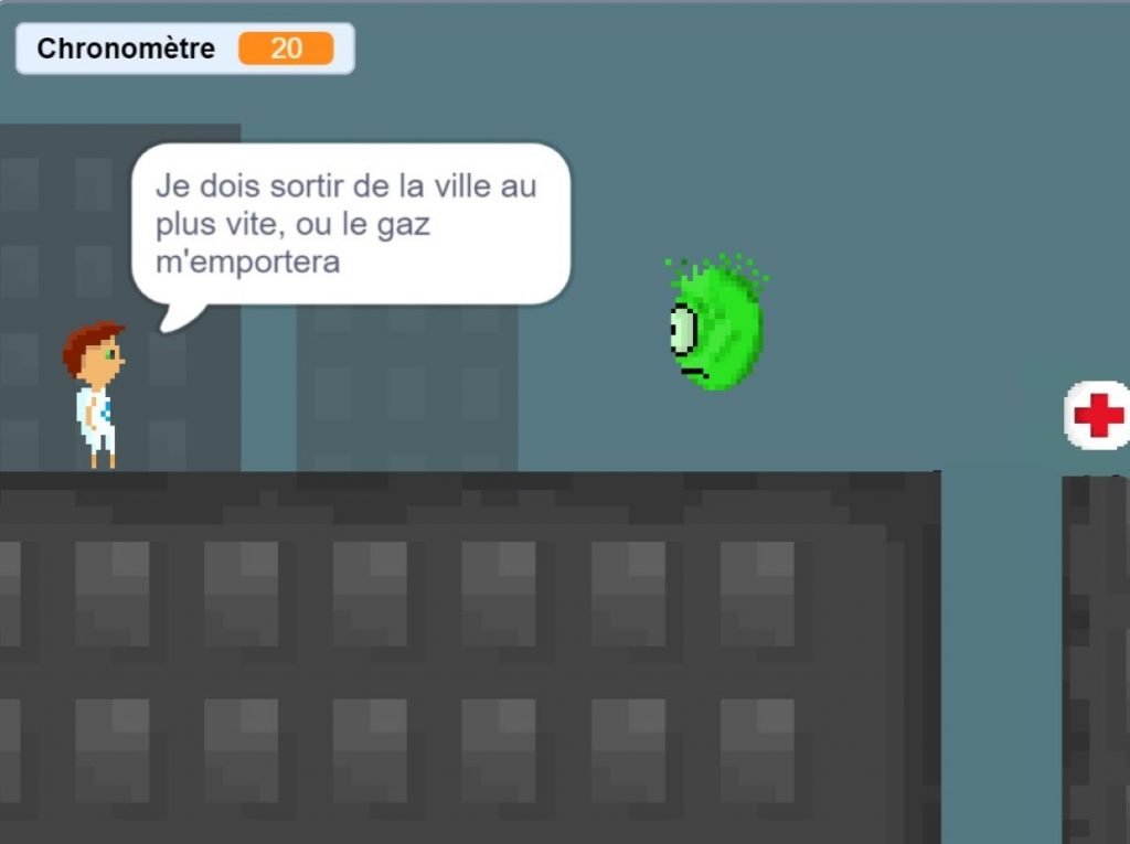 Vue d'écran du jeu toxic avec un petit personnage qui doit fuir la ville