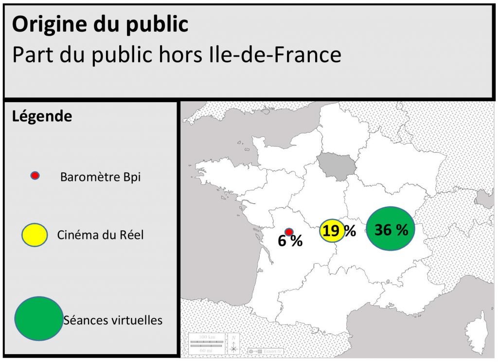 Carte de la part du public résidant hors Ile-de-France, entre le public de la bibliothèque, le public de Cinéma du Réel (2012) et le public des séances virtuelles