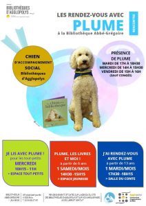 Affiche annonçant les permanences du chien Plume dans la bibliothèque de Blois