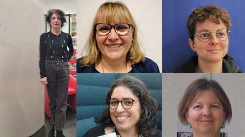 Portraits de bibliothécaires donnant leur avis sur Ayi : Fabienne Moineaux, Isabelle Allizard, Laurie Arricastres, Juliette Jean et Christelle Bernard.
