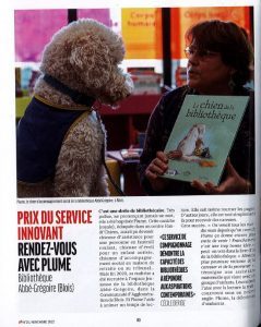 Article paru dans Livre Hebdo sur le chien Plume et son prix du service innovant 2022