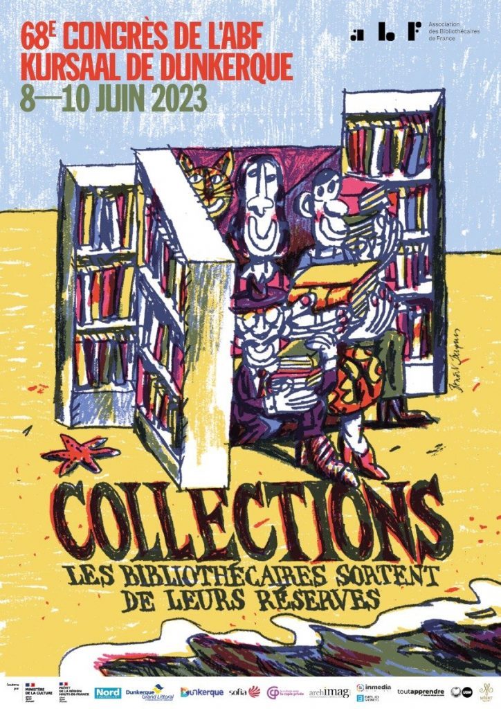 Affiche du congrès 2023 de l'ABF représentant des personnages qui sortent d'une étagère de livres