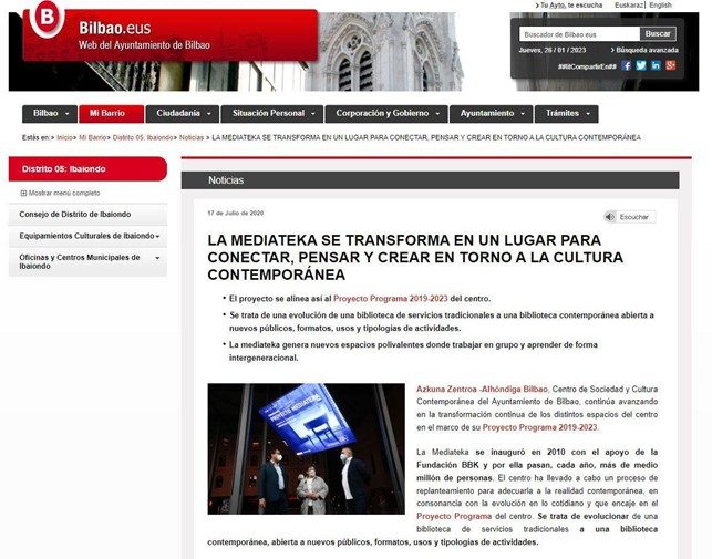 Capture d'écran du site Bilbao.eus d'un article intitulé : "La mediateka se transforma en un lugar para conectar, pensar y crear en torno a la cultura contemporanea