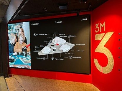 Photo d'un des grands écrans numériques présents à chaque niveau de la bibliothèque centrale Bjørvika et détaillant les différents espaces © Charlotte Hénard