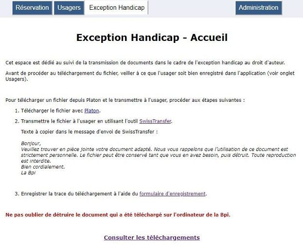 Page "Exception handicap - Accueil" sur le logiciel "Resaloges"