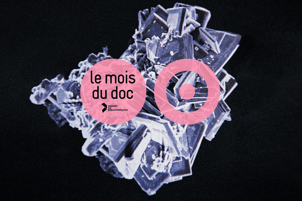 Logo du Mois du doc 2025 : une sorte de cristallisation mauve, sur fond noir.