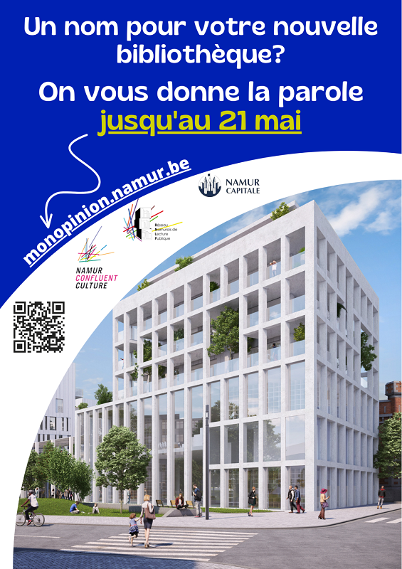 Flyer à destination des habitants indiquant “Un nom pour votre nouvelle bibliothèque ? On vous donne la parole”.