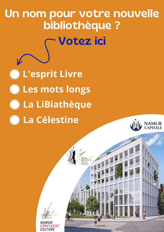 Flyer à destination des habitants indiquant “Un nom pour votre nouvelle bibliothèque ? Votez ici” avec quatre options au choix.