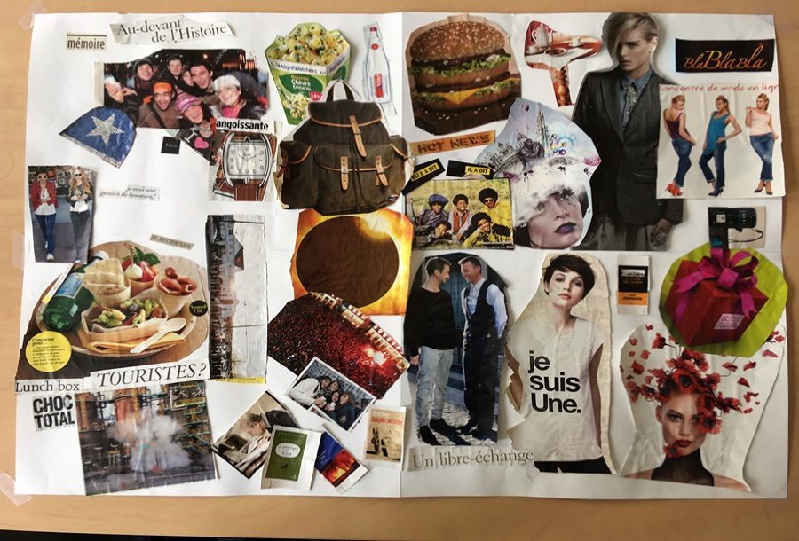 Collage : « C’est quoi la Bpi pour vous ? » avec des photos et illustrations de magazines représentant une montre, un hamburger, un groupe d'amis... Et quelques mots comme mémoire ou lunchbox.