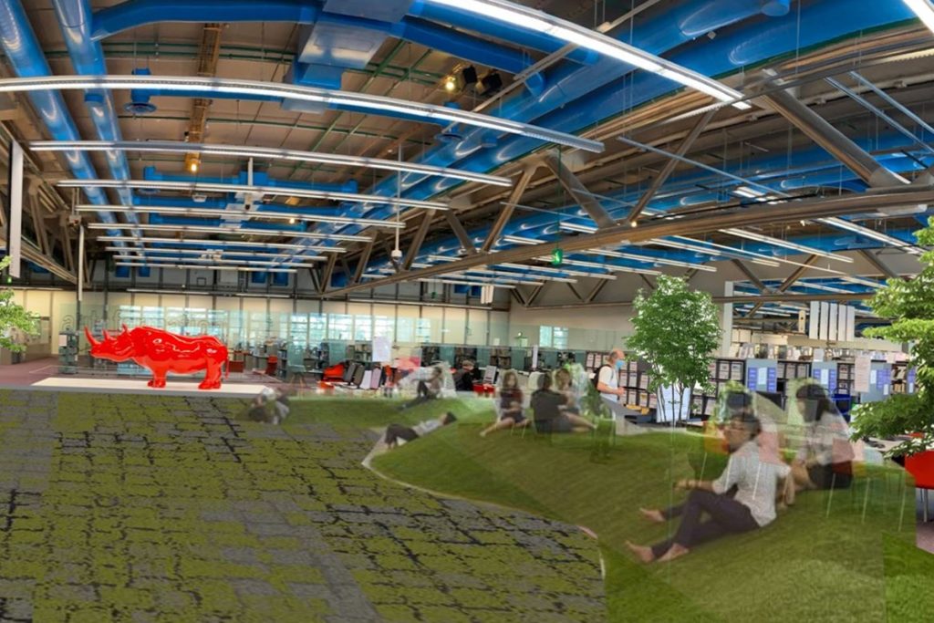 Photomontage de conception pour l'entrée du niveau 2 de la Bpi au Centre Pompidou. Sur fond de photo réelle de la bibliothèque avec son plafond industriel aux conduits bleus apparents, sont incrustés des éléments de projet : une sculpture de rhinocéros rouge, des aplats de gazon vert au sol, des arbres et des silhouettes de visiteurs allongés ou assis. La bibliothèque et ses rayonnages sont visibles en arrière-plan.
