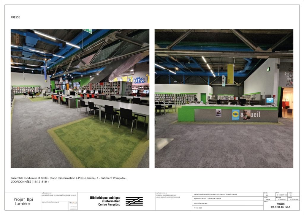 Planche de projet intitulée "Presse" présentant deux photographies de l'espace Presse au niveau 1 de la Bpi : à gauche, une vue large de la salle avec des tables de travail, des rayonnages et un plafond industriel apparent avec des conduits colorés ; à droite, une vue du comptoir d'accueil vert.