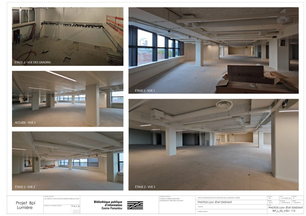 Planche de chantier intitulée "Photos Lum - État existant" composée de cinq photographies des espaces bruts du bâtiment Lumière avant aménagement : étage 2 vue des gradins en construction, étage 2 vues 1, 2 et 3 montrant de grands plateaux vides aux murs blancs et fenêtres sur rue, et une vue de l'accueil.
