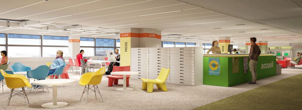 Rendu architectural 3D de l'espace d'accueil de la Bpi Lumière : un comptoir d'accueil vert avec la mention "accueil" et une borne "Tympan", des colonnes jaunes et orangées indiquant "Presse" et "Zone calme", et un mobilier coloré (chaises bleues, rouges et jaunes) réparti dans un espace lumineux et ouvert.