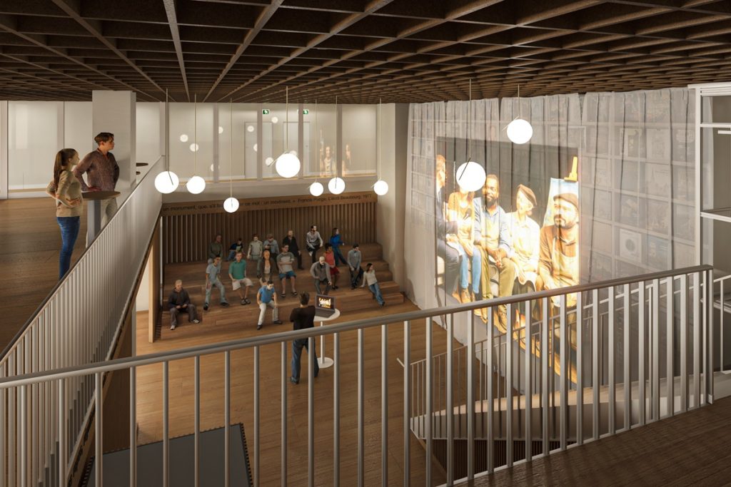 Vue en perspective d'un rendu architectural 3D de l'espace cafétéria de la Bpi Lumière. L'espace représente une zone de gradins en bois accueillant des visiteurs assis, face à un grand écran de projection semi-transparent diffusant une image. Des suspensions sphériques éclairent l'espace. Une balustrade et un escalier sont visibles au premier plan.