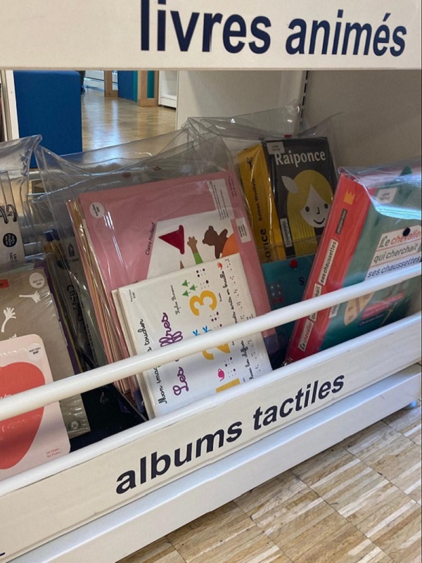Présentoir blanc étiqueté "albums tactiles" . Il contient plusieurs albums jeunesse protégés par des housses plastiques, dont des titres comme "Raiponce" et "Le chevalier qui cherchait ses chaussettes", rangés sous un panneau indiquant "livres animés".