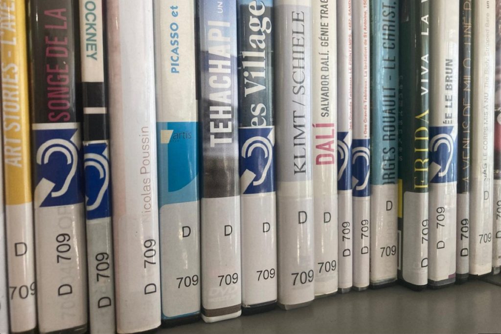 Rangée de DVD sur une étagère, tous cotés "D 709". Plusieurs boîtiers portent un pictogramme d'oreille barrée signalant leur adaptation pour le public sourd ou malentendant. On distingue des titres consacrés à des artistes comme Picasso, Klimt/Schiele, Dalí, Frida ou Georges Rouault.