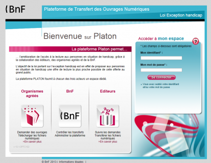 Copie d'écran de la page d'accueil de la plateforme Platon