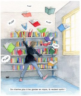 aquarelle représentant des livres qui s'échappent d'une étagère et qu'une femme tente de rattraper