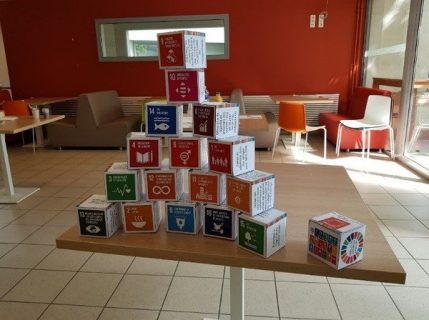 Photographie de cubes en carton entassés avec des inscriptions d'objectifs de développement durable
