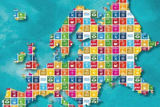Carte de l'Europe dessinéeee sur fonds des objectifs de développement durable