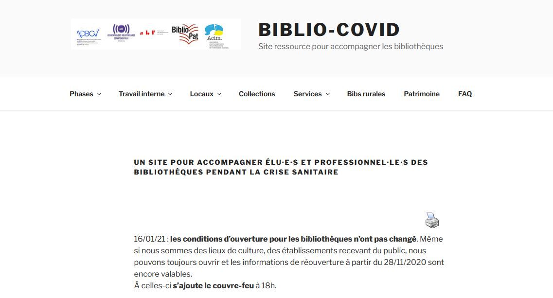 Page d'accueil du site Biblio-Covid