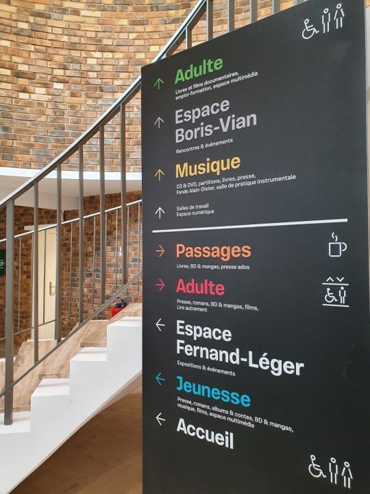 Photographie du panneau de signalisation des différents espaces de la bibliothèque
