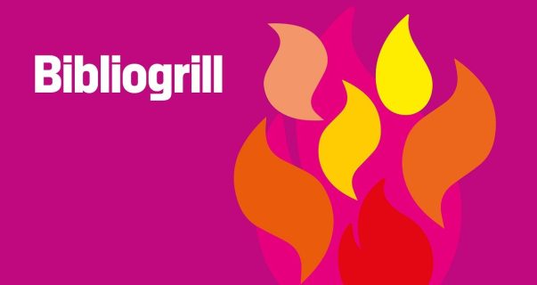 Flammes sur fond rose avec la mention "Bibliogrill"