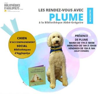 Affiche annonçant les permanences du chien Plume dans la bibliothèque de Blois