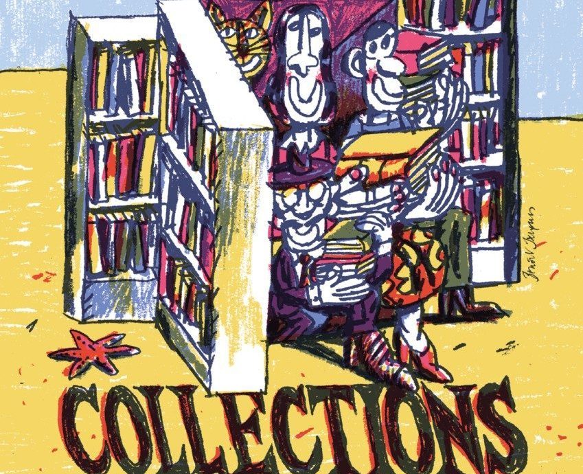 Affiche du congrès 2023 de l'ABF représentant des personnages qui sortent d'une étagère de livres