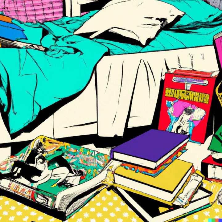 livres dispersés dans une chambre adolescente, style pop art