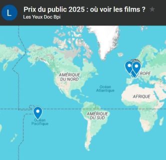 Carte du monde sur laquelle sont indiqués les lieux où visionner les films lauréats du Prix du public Les yeux doc 2025.