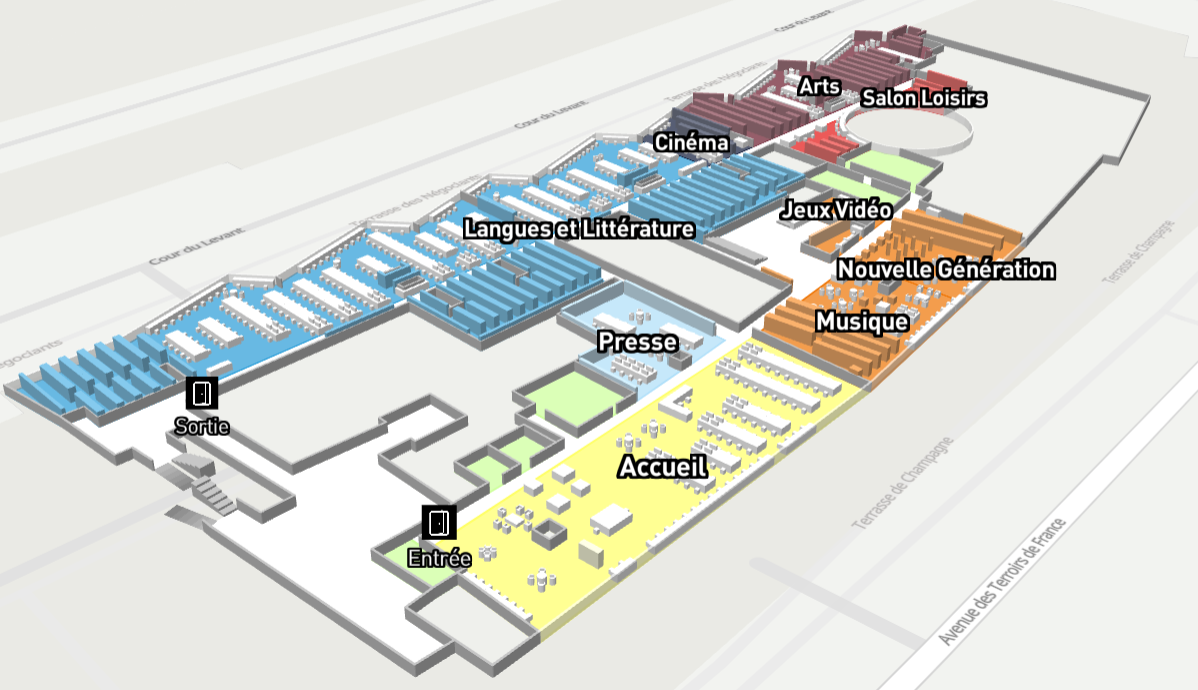 Carte en 3D représentant les espaces de la Bpi au Lumière