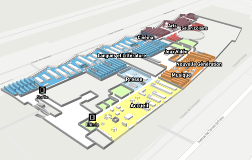 Carte en 3D représentant les espaces de la Bpi au Lumière