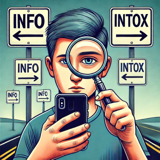 Dessin d’un jeune garçon muni d’une loupe et d’un smartphone, des panneaux info et intox se dresse derrière lui dans des directions opposées