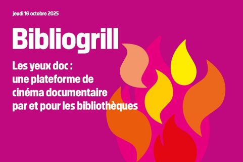 Flammes sur fond rose avec la mention "Bibliogrill"