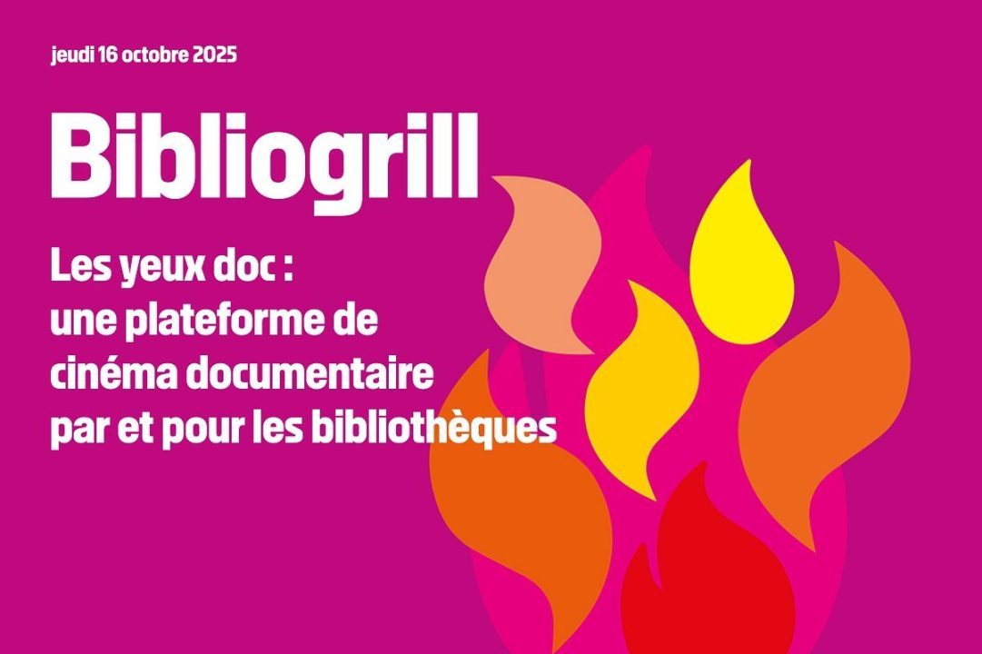 Flammes sur fond rose avec la mention "Bibliogrill"