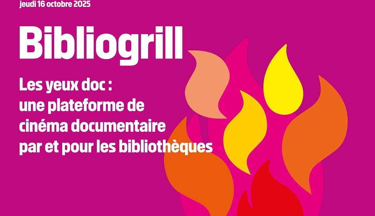Flammes sur fond rose avec la mention "Bibliogrill"