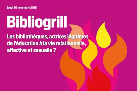 Flammes sur fond rose avec la mention "Bibliogrill"