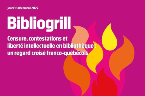 Flammes sur fond rose avec la mention "Bibliogrill"